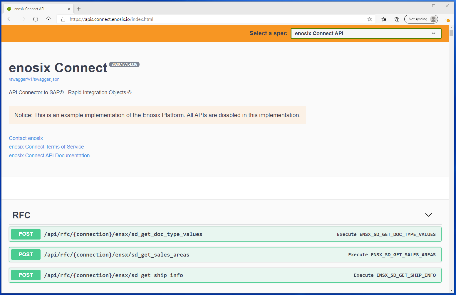 enosix Connect REST API Swagger site